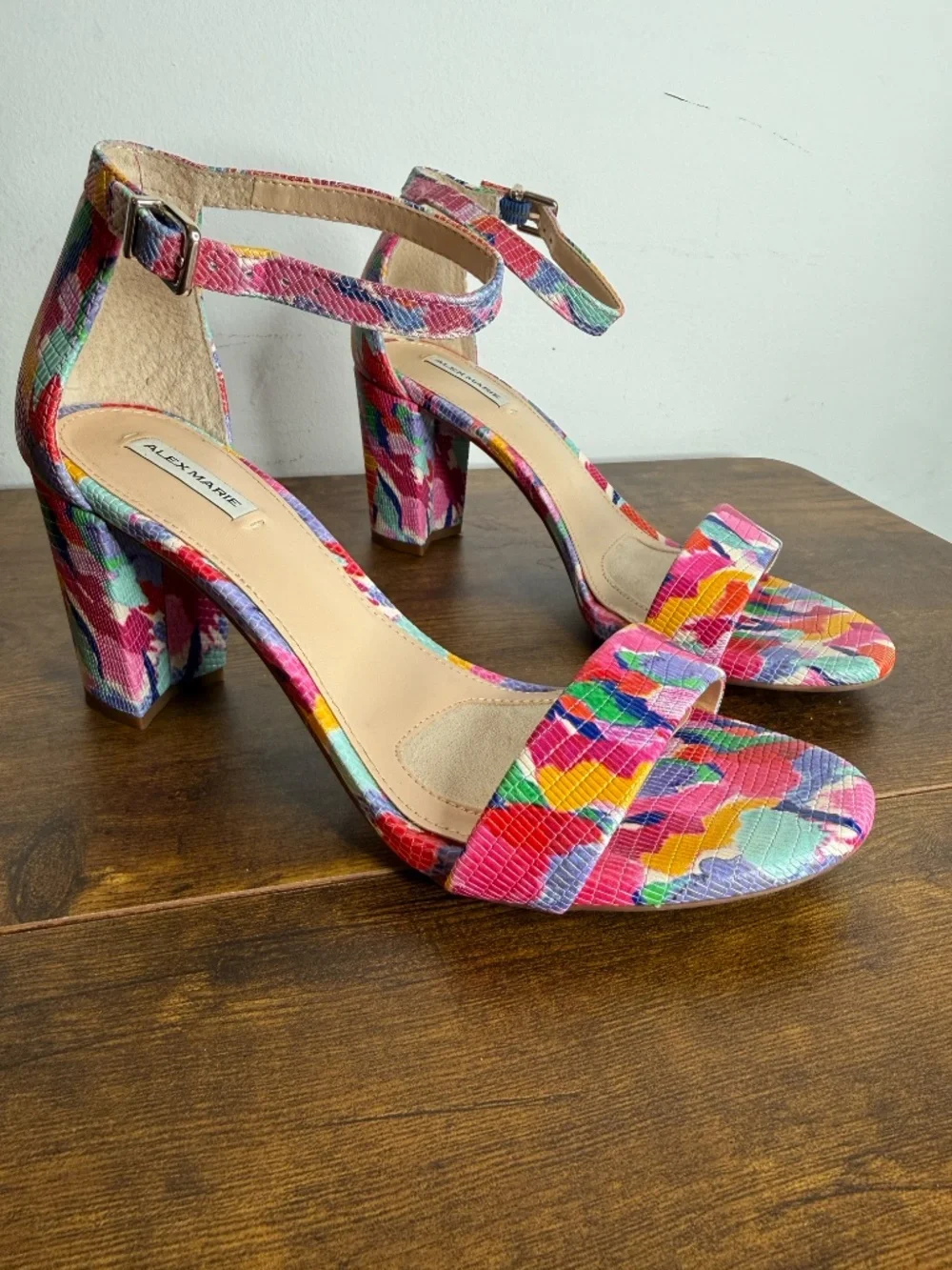 Alex Marie (7.5) sandals featuring a colorful watercolor print and a block heel